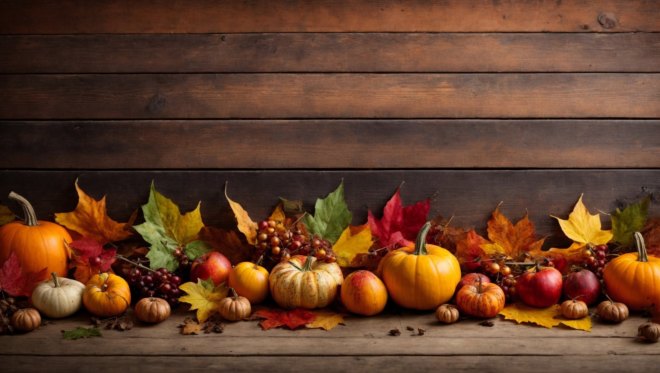 Foto einer Herbstdekoration mit Kürbissen und Laub vor einer Holzwand (KI-generiert)