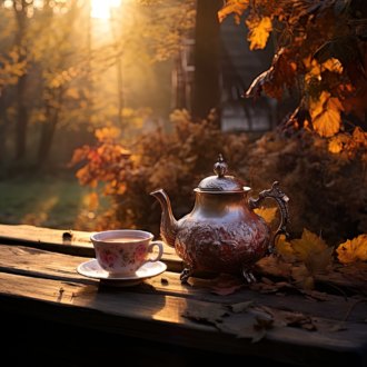 Foto einer Teekanne und Tasse im herbstlichen Morgenlicht (KI-generiert)